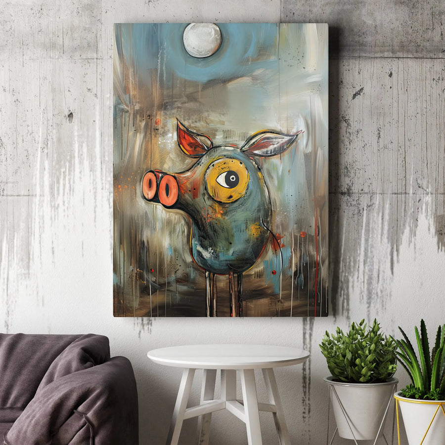 Abstract Pig Canvas Wall Art | Modern Whimsical Farm Animal Painting | Premium Thick Gallery Wrap Canvas | Eclectic Home & Kitchen Decor Gift