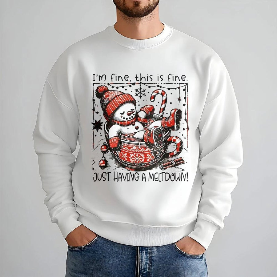 Funny Snowman Sweatshirt | I'm Fine This Is Fine Meltdown Graphic | Soft Cotton Blend Winter Pullover | Cozy Christmas Gift For Women And Men