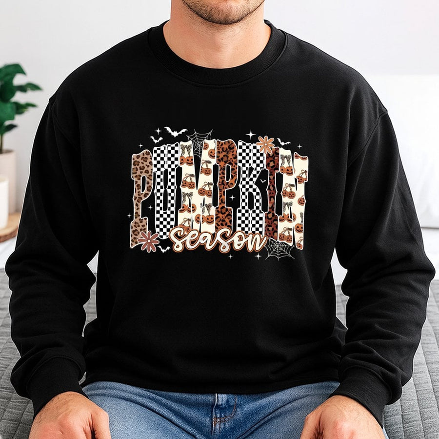 Pumpkin Season Sweatshirt | Leopard Print Checkered Fall Graphic | Cotton Blend Premium Apparel | Cozy Autumn Gift for Her