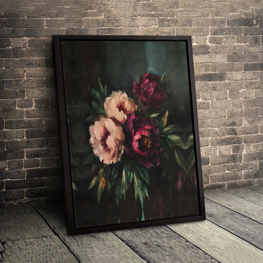 Dark Moody Floral Peonies Canvas Print | Oil Painting Style Wall Art | Premium 1.25-Inch Gallery Wrap | Elegant Home Decor Gift
