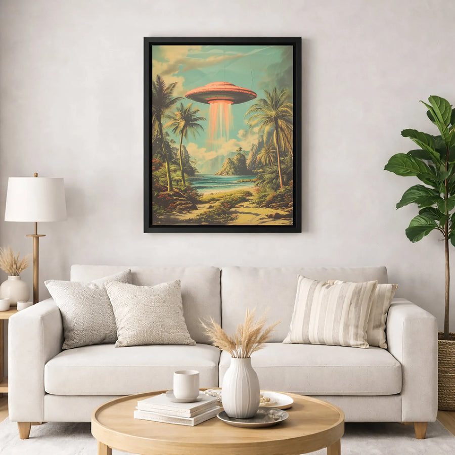 UFO Over Tropical Beach Canvas | Retro Alien Flying Saucer Art | Premium Fade-Resistant Print | Surreal Sci-Fi Home Office Wall Decor Gift