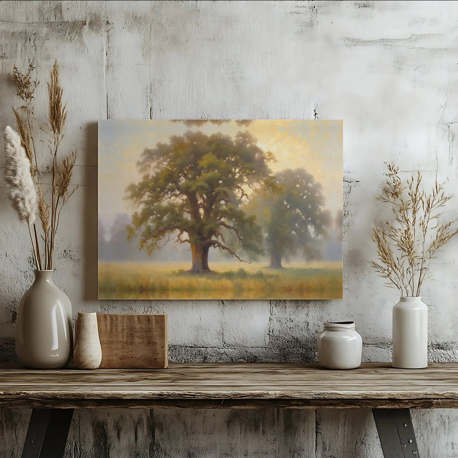 Majestic Oak Tree Landscape Canvas Print | Misty Morning Forest Wall Art | Gallery Wrapped Premium Canvas | Serene Nature Decor For Home Office