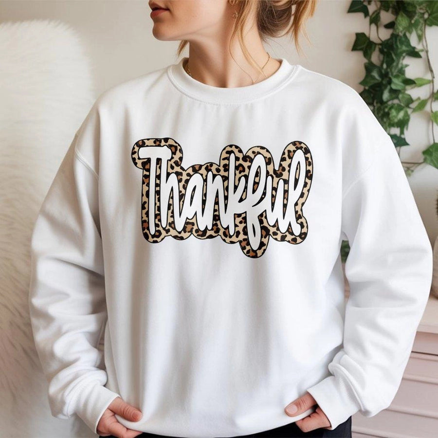 Thankful Sweatshirt | Leopard Print Thanksgiving Graphic | Premium Cotton Blend | Fall Season Gift for Women and Men