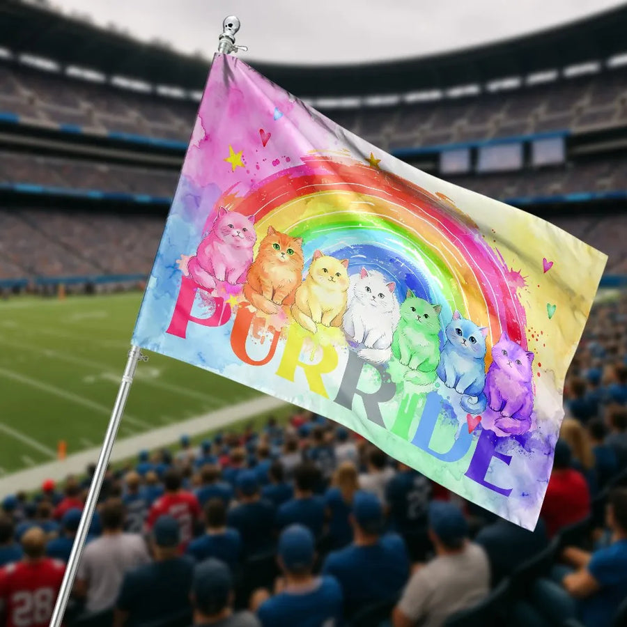 Purride Cat House Flag | Watercolor Rainbow Kittens Design | Weather Resistant Polyester | LGBTQ Pride Month Decor Gift for Cat Lover