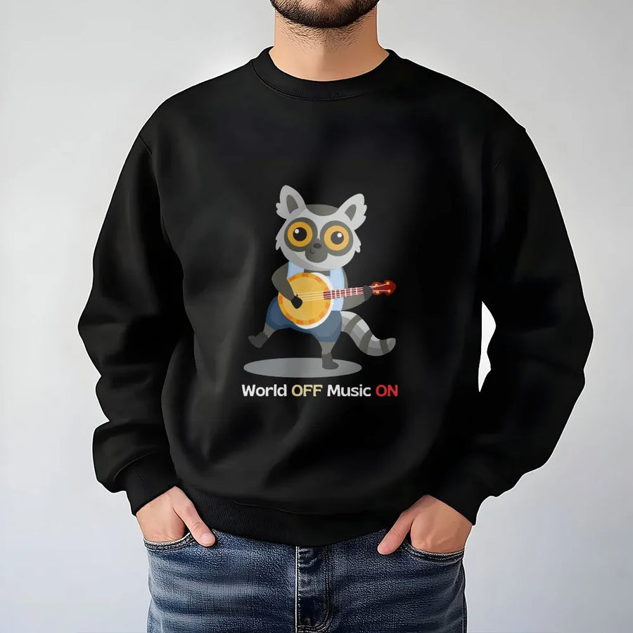 Cartoon Lemur Music Sweatshirt | World Off Music On Graphic Print | Premium Unisex Pullover | Gift for Musician and Banjo Player