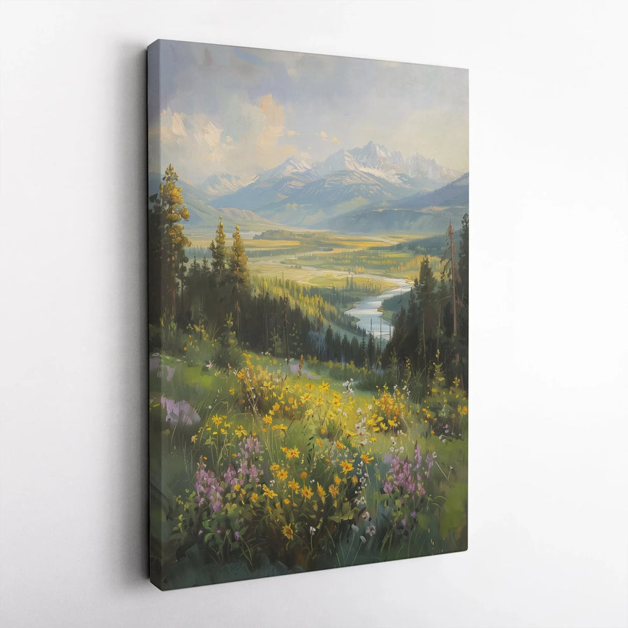 Mountain Valley Landscape Canvas Wall Art | River And Wildflower Meadow Print | Gallery-Quality 1.25 Inch Profile | Nature Lover Home Decor Gift