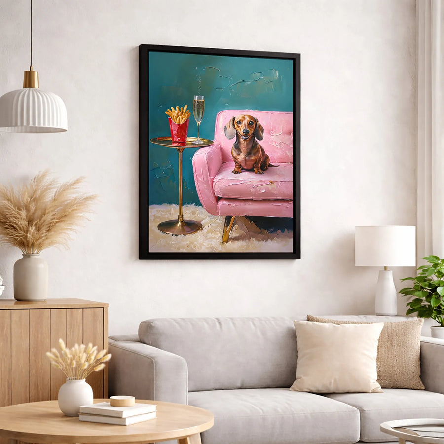 Dachshund Art Canvas Print | Whimsical Dog Drinking Champagne & Fries | Premium Gallery-Wrapped Wall Decor | Funny Pet Lover Gift