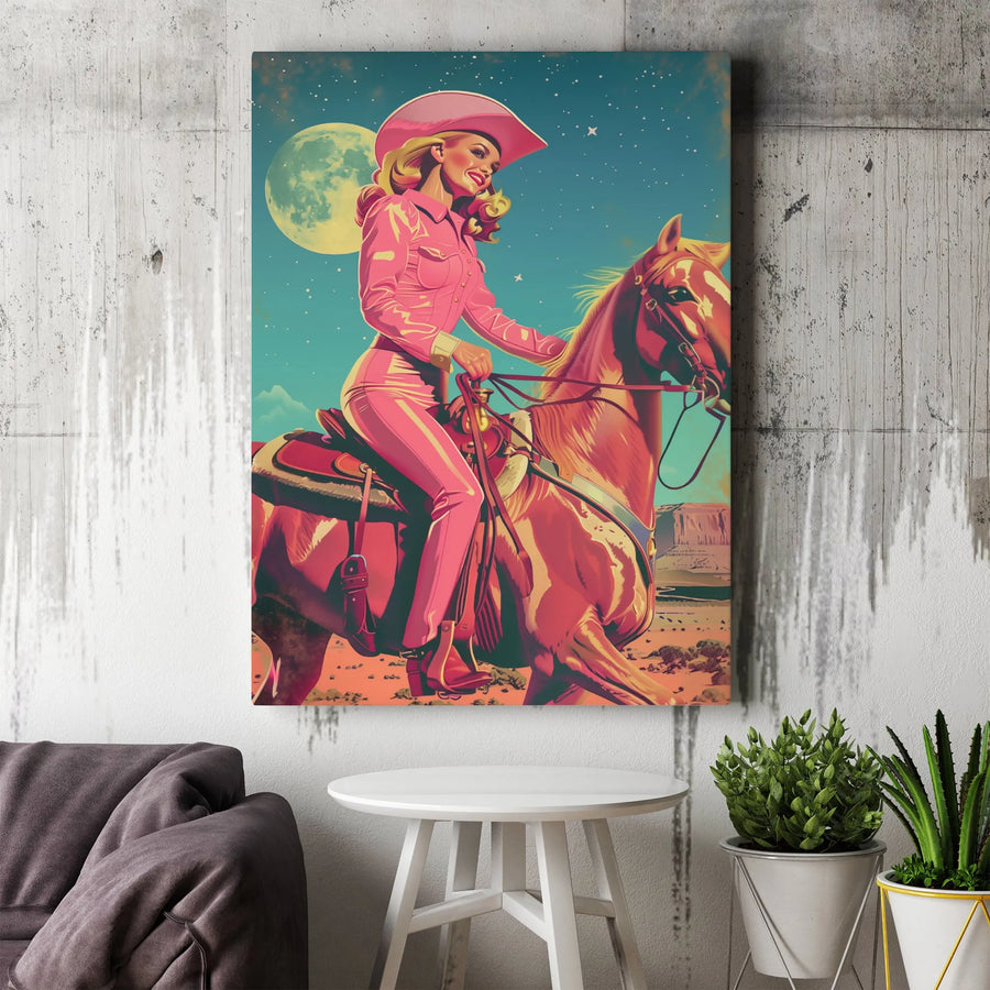 Pink Cowgirl Wall Art | Vintage Western Horse Canvas Print | Premium Gallery Wrap Decor | Gift for Western Aesthetic Lovers