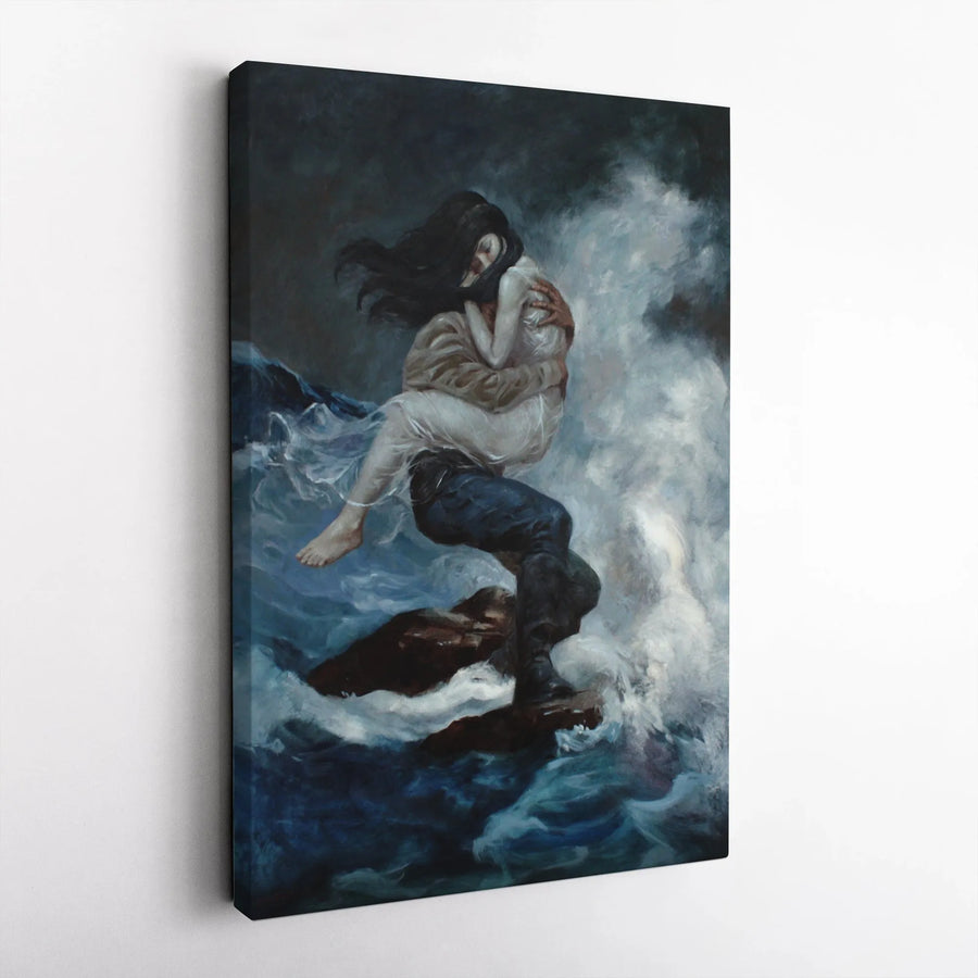 Romantic Stormy Sea Canvas Print | Lovers Embrace in Ocean Waves Painting | Premium Gallery Wrapped Art | Gothic Home Decor Gift