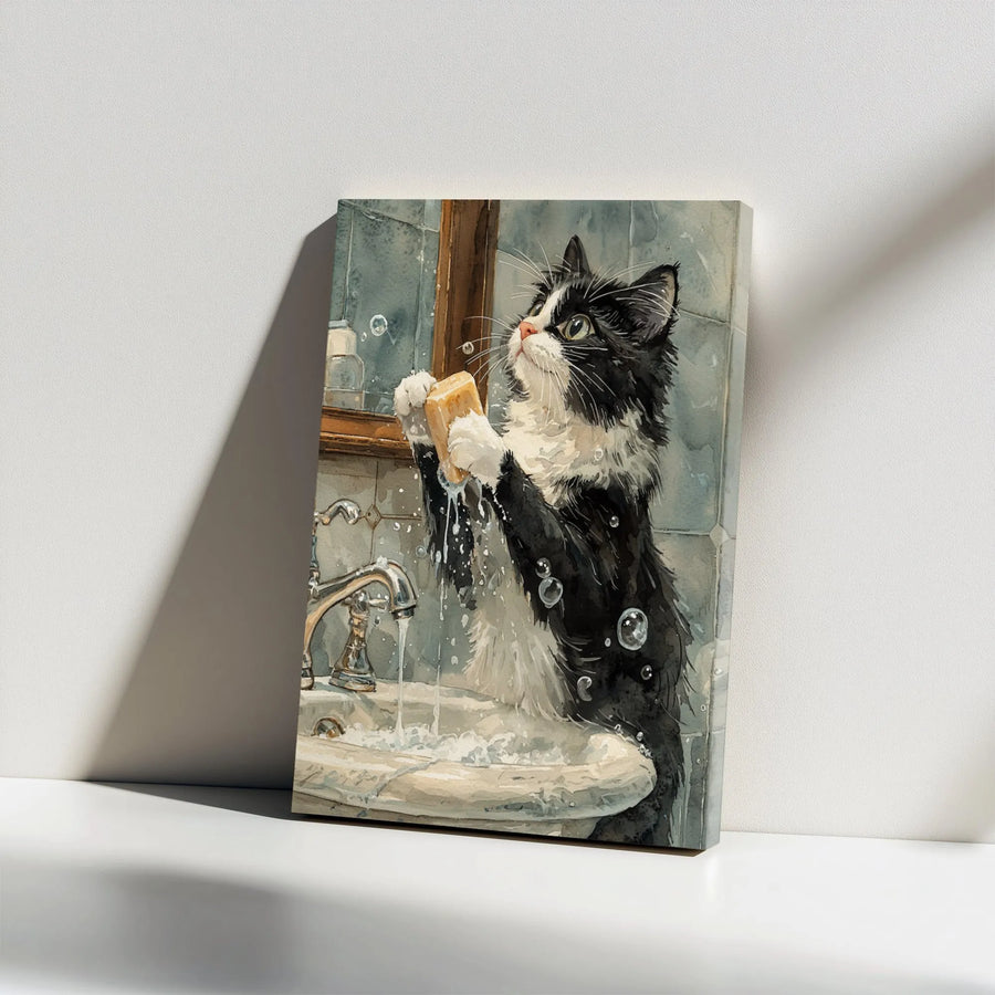 Watercolor Cat Wall Art | Black and White Kitty Washing Paws Print | Premium 1.25" Gallery Wrap Canvas | Whimsical Bathroom Decor for Cat Lovers