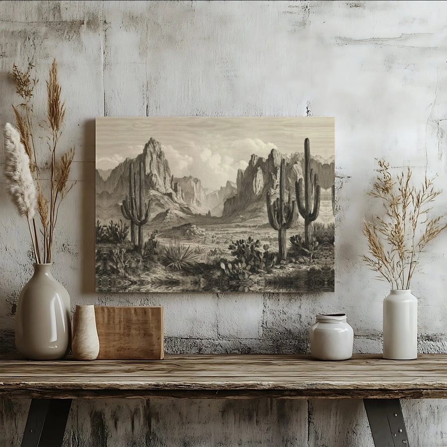Vintage Arizona Desert Landscape Canvas | Saguaro Cactus Etching Wall Art | Premium Gallery Wrap | Western Home Decor for Living Room