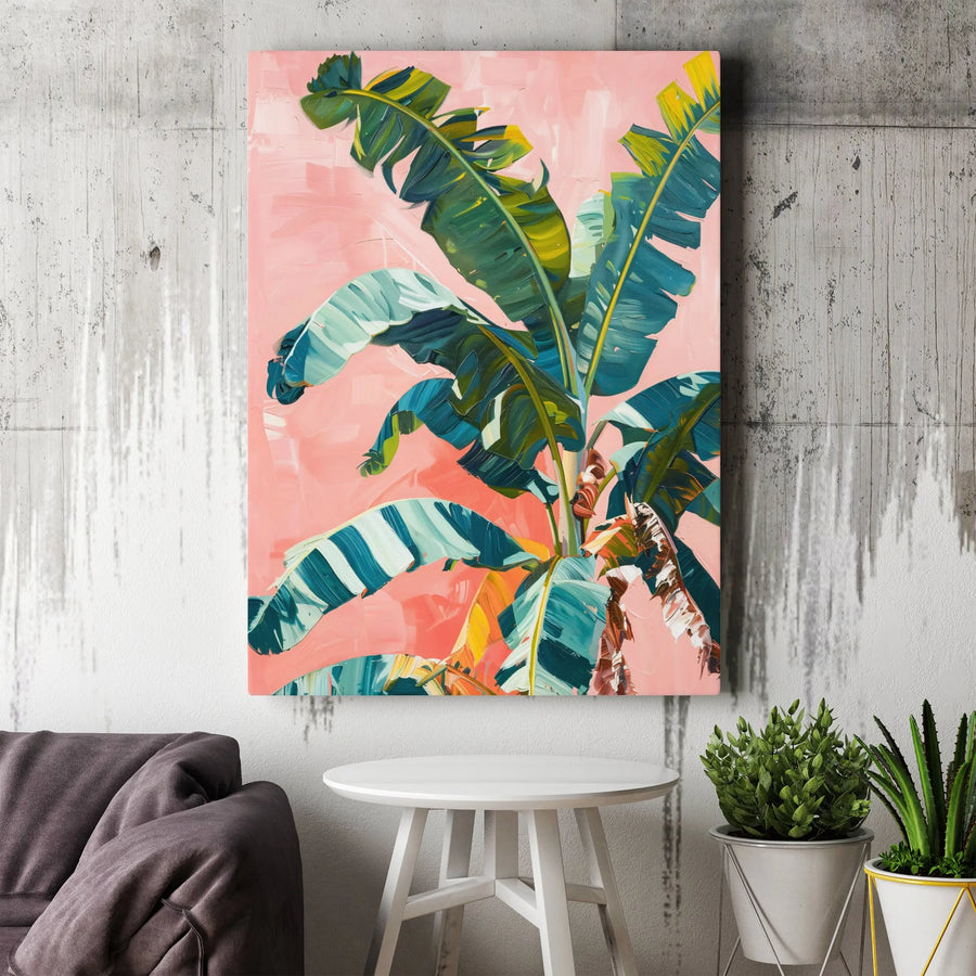 Tropical Banana Leaf Wall Art | Pink Aesthetic Botanical Canvas Print | Premium Gallery-Wrapped Decor | Modern Living Room Home Interior Gift