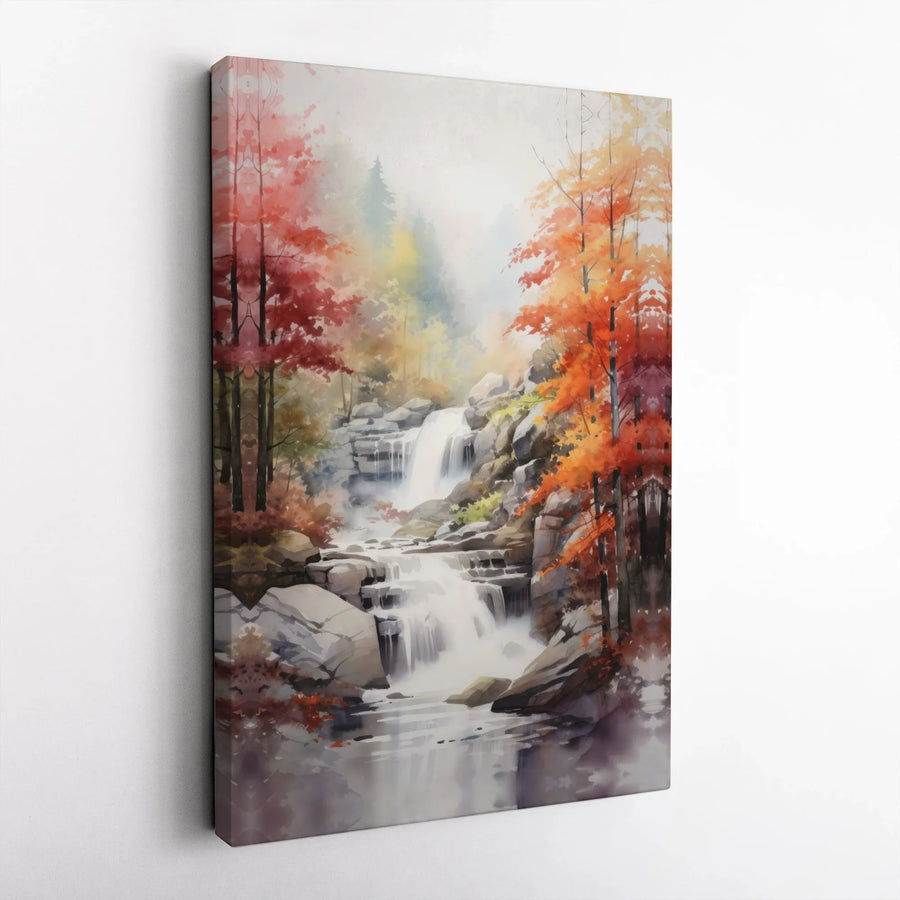 Autumn Waterfall Wall Art | Watercolor Forest Landscape Canvas | Premium 1.25 Inch Gallery Wrap | Nature Home Decor For Living Room