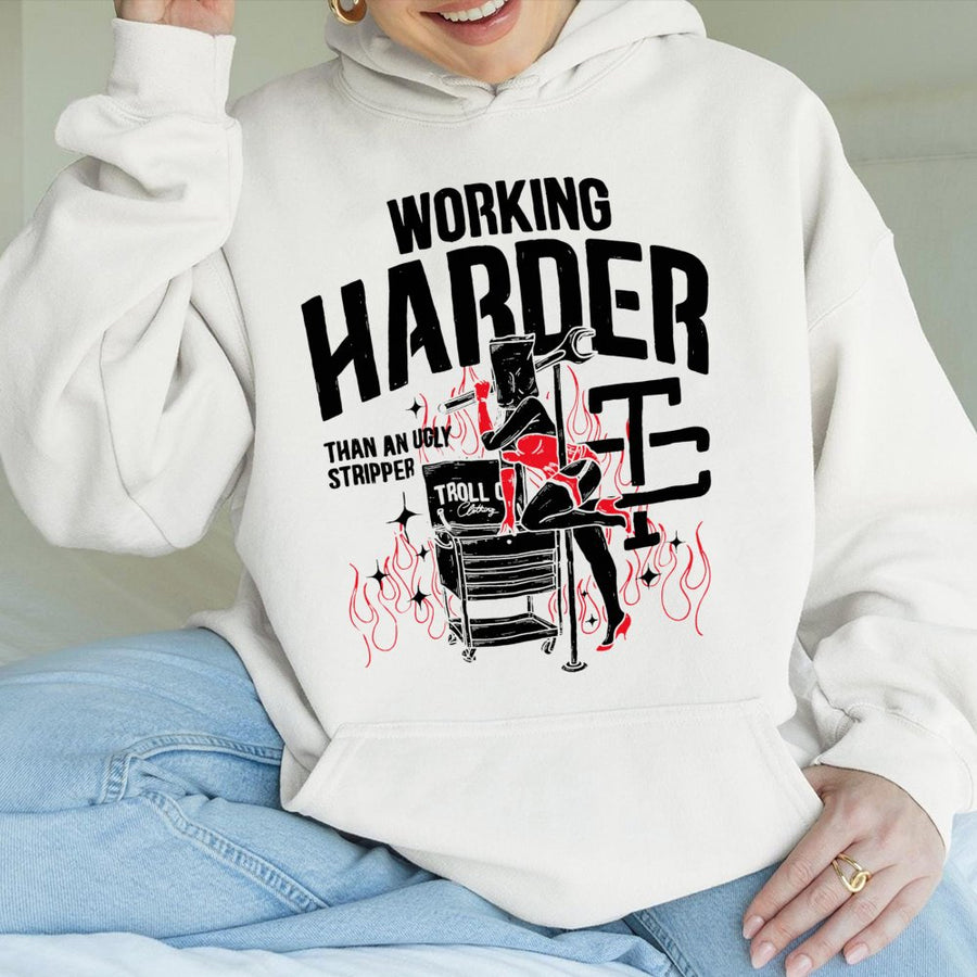 Working Harder Mechanic Hoodie | Funny Tool Graphic Sweatshirt | Premium Cotton-Blend Pullover | Gift for Blue Collar Worker