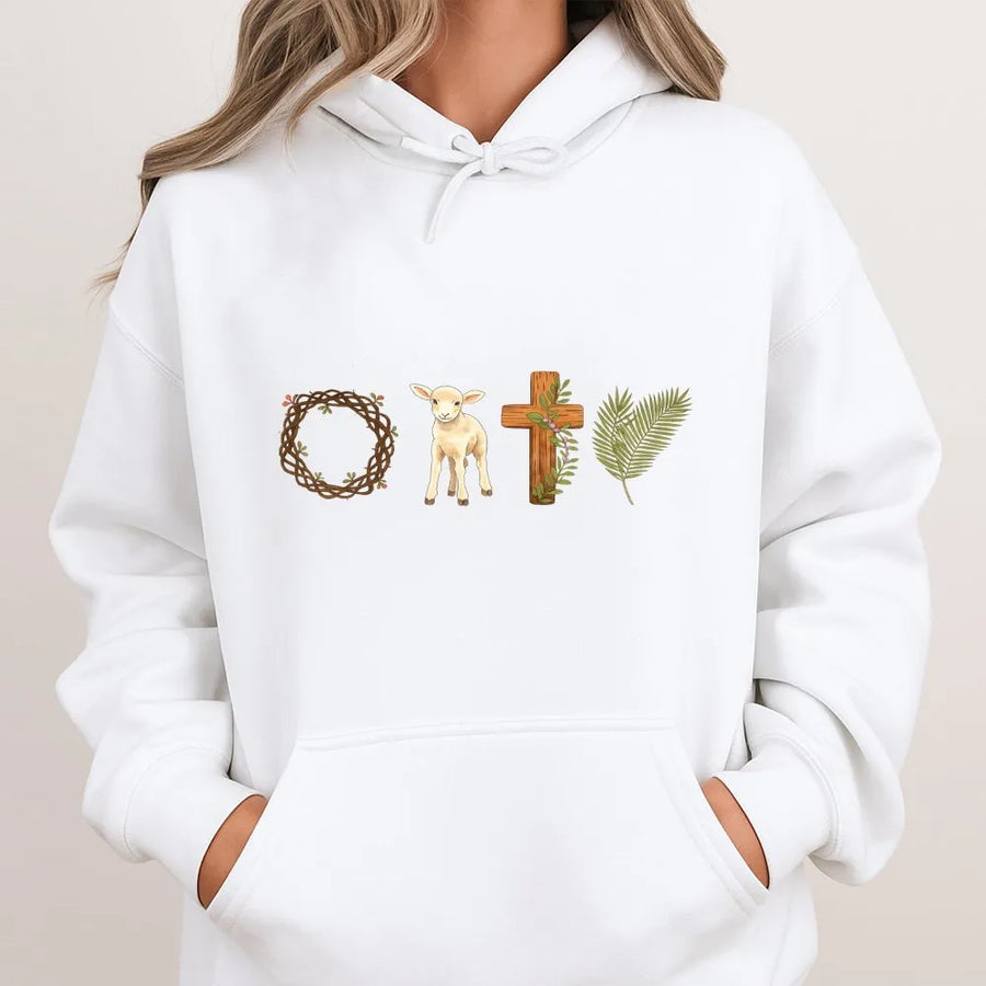Easter Lamb and Cross Hoodie | Religious Crown of Thorns Graphic | Premium Cotton Blend | Unisex Christian Faith Gift