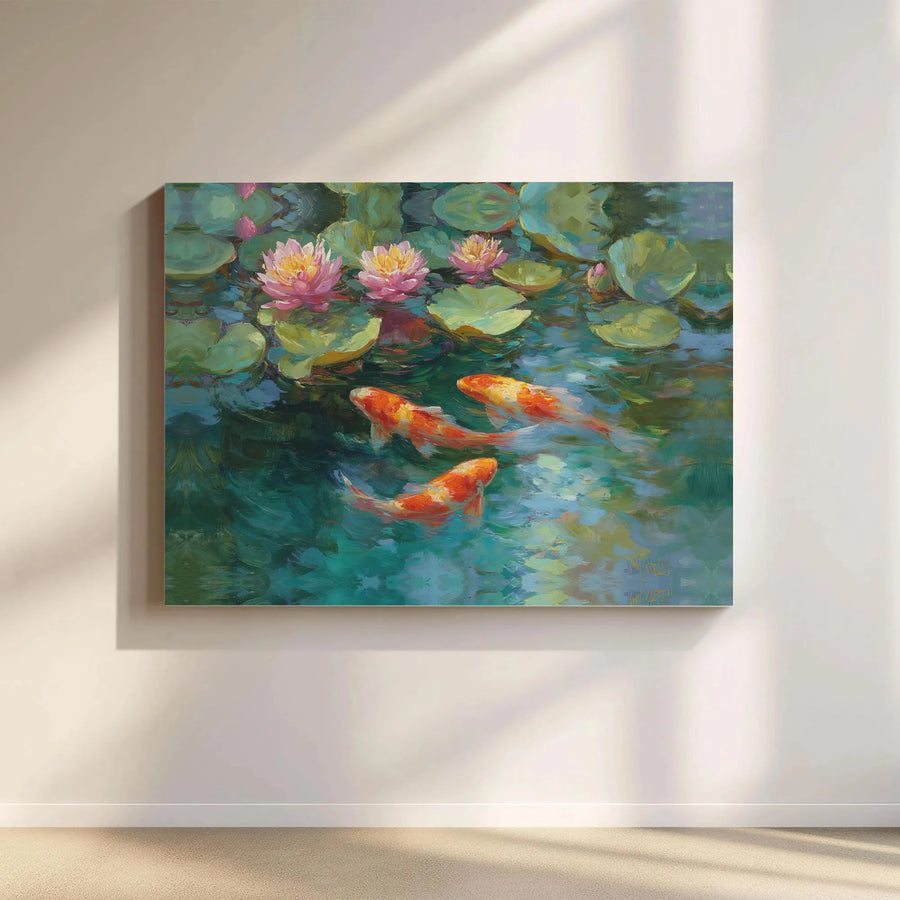 Koi Fish Pond Canvas Art | Impressionist Water Lily Painting | Premium Gallery-Wrapped Print | Zen Nature Wall Decor for Home Office