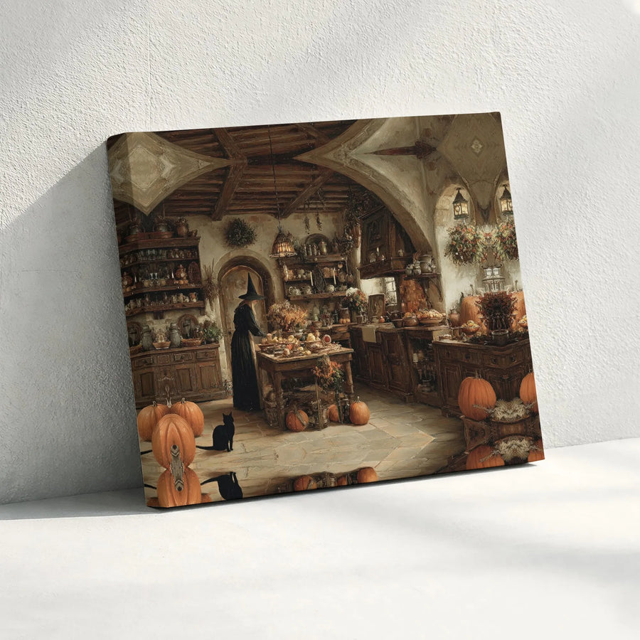 Witch Kitchen Wall Art | Autumn Pumpkin and Black Cat Decor | Gallery-Wrapped Canvas Print | Spooky Fall Home Gift for Halloween Enthusiasts
