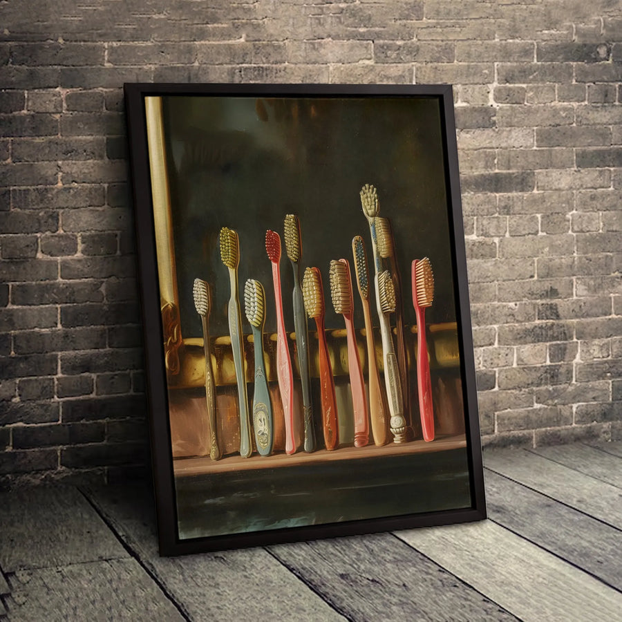 Vintage Toothbrush Still Life Canvas Print | Moody Oil Painting Wall Art | Gallery Quality Decor | Unique Bathroom Gift for Dentist or Home