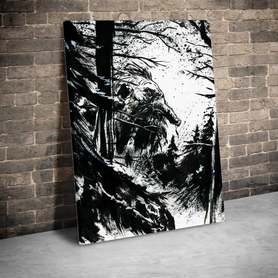 Gothic Skull Canvas Wall Art | Monochrome Ink Brushstroke Design | Premium Gallery Wrapped Canvas | Dark Fantasy Home Decor Collector's Gift