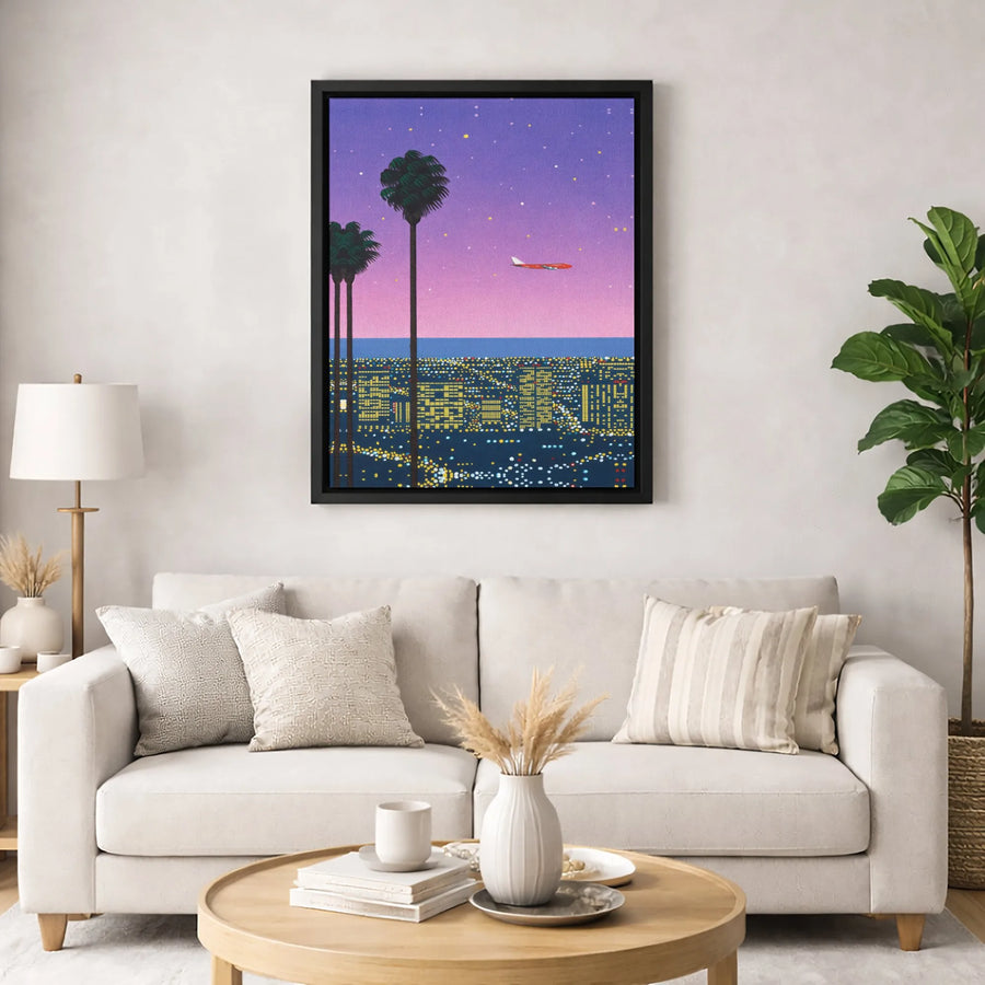 Retro City Night Canvas Print | Los Angeles Aesthetic Palm Trees Wall Art | Premium 1.25 Inch Gallery Wrap | Modern Home Decor Gift