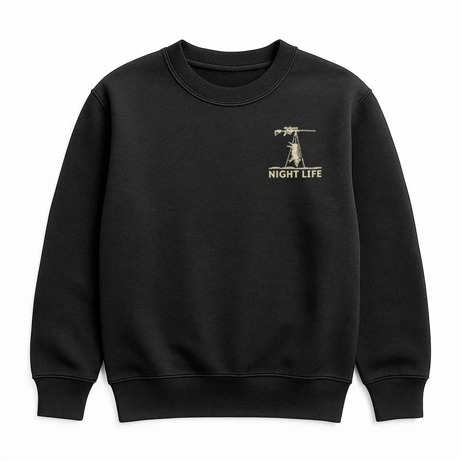 Night Life Possum Sweatshirt | Funny Tactical Opossum with Rifle | Premium Cotton Blend | Gift for Hunter or Gun Enthusiast
