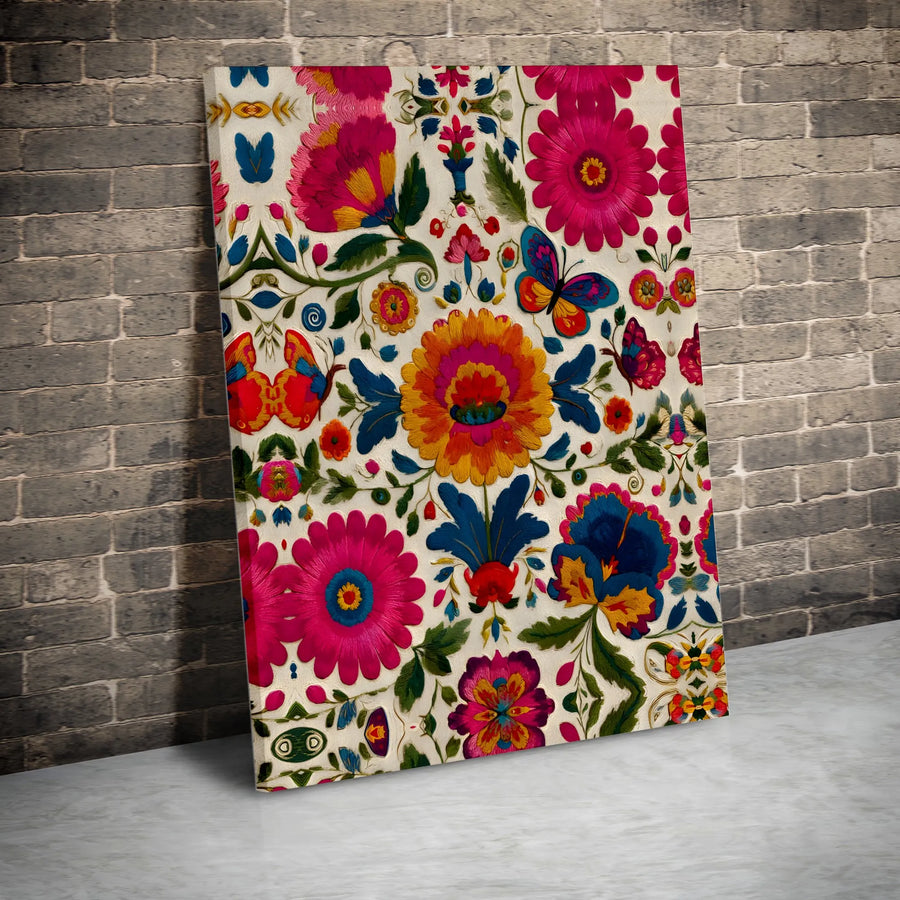 Mexican Otomi Wall Art | Folkloric Floral Embroidery Design | Premium 1.25" Gallery Wrapped Canvas | Vibrant Home Decor Gift for Boho Lovers