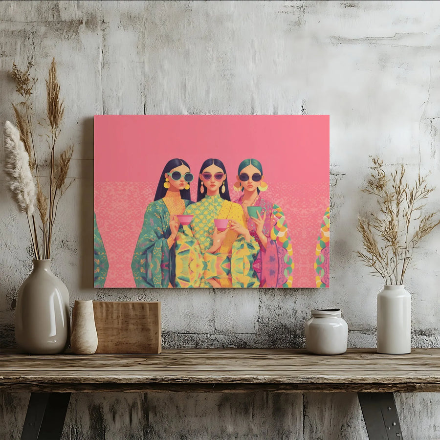 Fashionable Women Wall Art | Stylish Traditional Attire Trio with Sunglasses | Premium Gallery-Wrapped Canvas Print | Modern Home Decor Gift