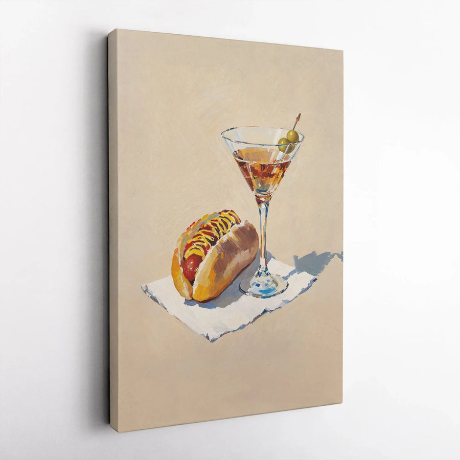 Hot Dog and Martini Canvas Wall Art | Whimsical Foodie Oil Painting Style | 1.25" Premium Gallery Wrap | Kitchen Decor and Bar Wall Art Gift