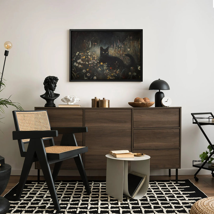 Black Cat Wall Art | Moody Wildflower Meadow Painting | Premium Gallery-Wrapped Canvas | Whimsical Nature Home Decor Gift