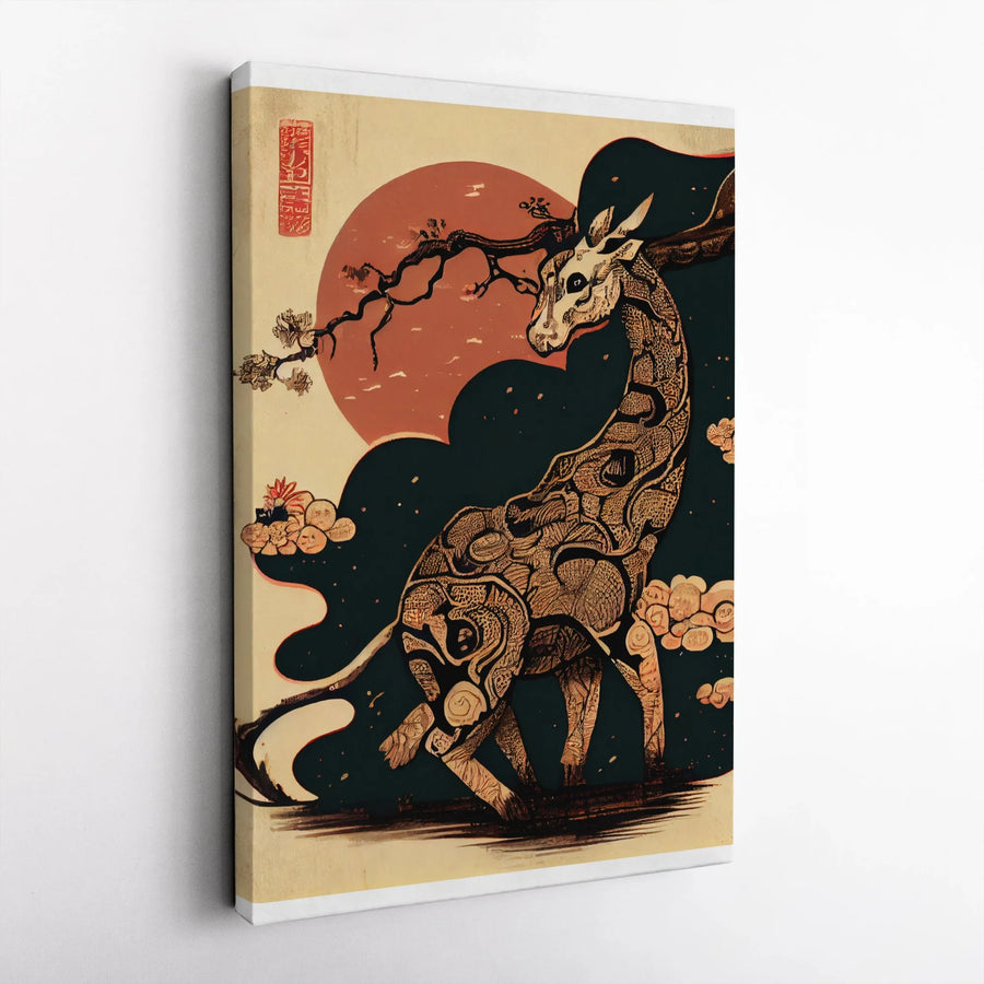 Japanese Giraffe Canvas Wall Art | Ukiyo-E Style Minimalist Animal Print | Premium 1.25" Gallery Wrap | Unique Home Office Decor Gift