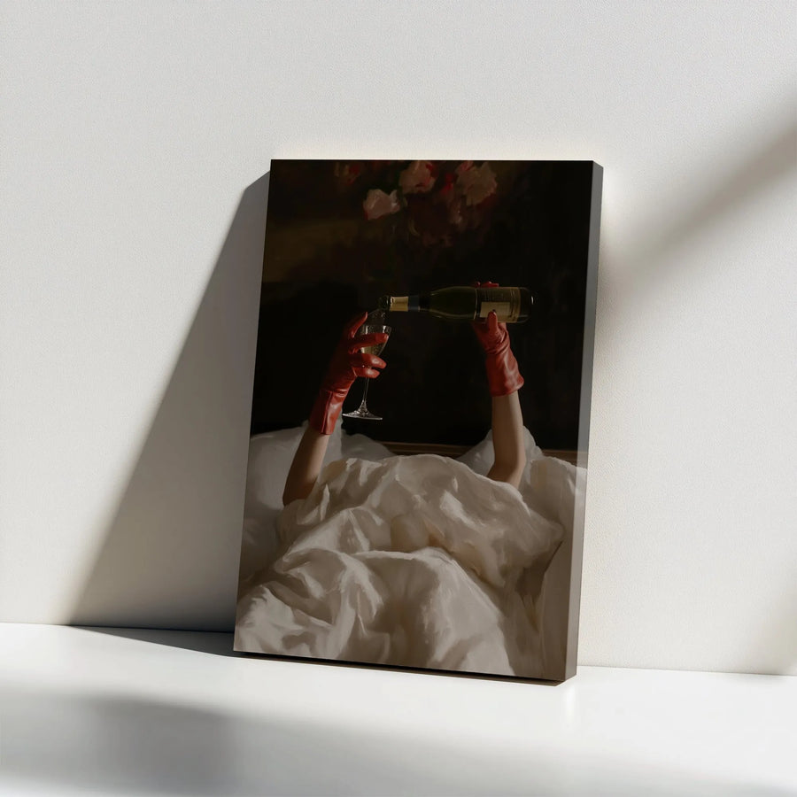 Champagne Pouring Canvas Print | Aesthetic Woman in Red Gloves Art | Gallery Wrap Wall Decor | Luxury Bar Cart Home Gift
