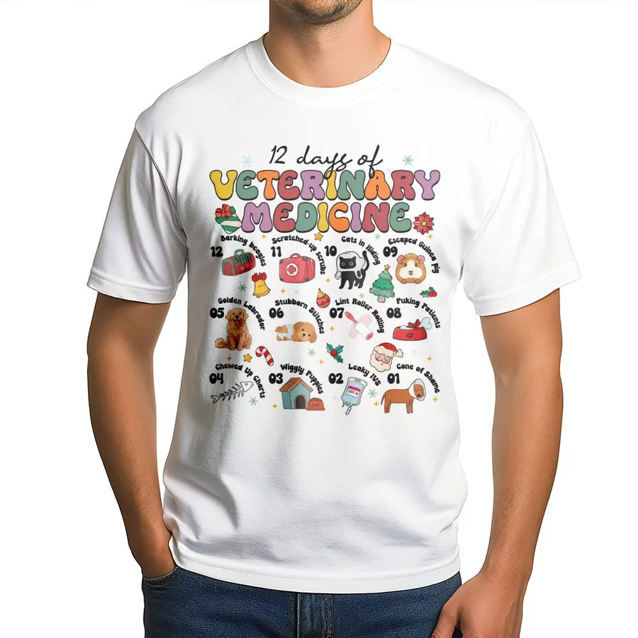 12 Days of Veterinary Medicine T-Shirt | Retro Funny Animal Doctor Graphic | Premium Cotton Vet Tech Apparel | Holiday Gift for Veterinarians