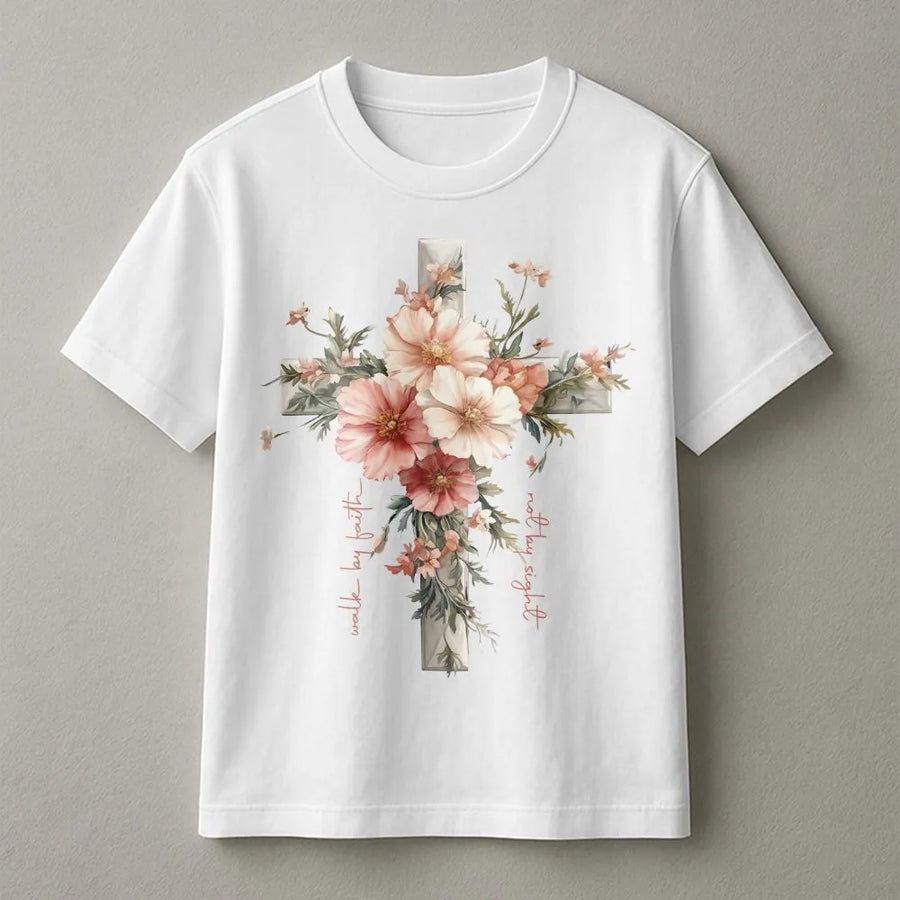 Floral Cross Jesus T-Shirt | Walk By Faith Scripture Graphic | Premium Soft Cotton Tee | Inspirational Christian Gift for Women and Men