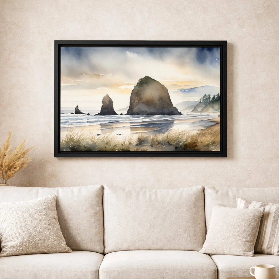 Haystack Rock Canvas Wall Art | Watercolor Oregon Coast Seascape | 1.25 Inch Premium Gallery Wrap | Coastal Home Decor Gift