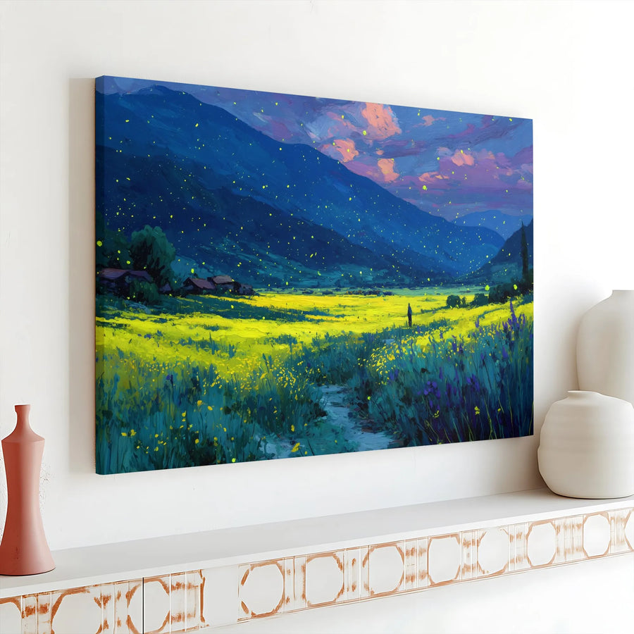 Mountain Valley Canvas Wall Art | Impressionistic Fireflies and Wildflowers Landscape | 1.25” Gallery Wrap | Premium Home Decor for Living Room