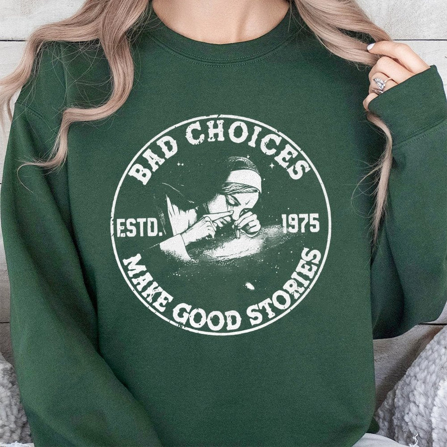 Bad Choices Make Good Stories Sweatshirt | Edgy Smoking Nun Graphic | Premium Cotton Blend | Funny Gift for Friends and Party Lovers
