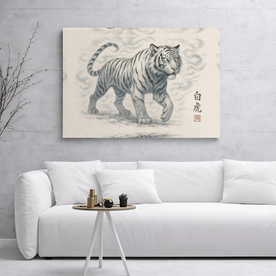 White Tiger Canvas Wall Art | Japanese Ink Wash Style Print | 1.25 Inch Gallery Wrap | Zen Home Office Decor Gift