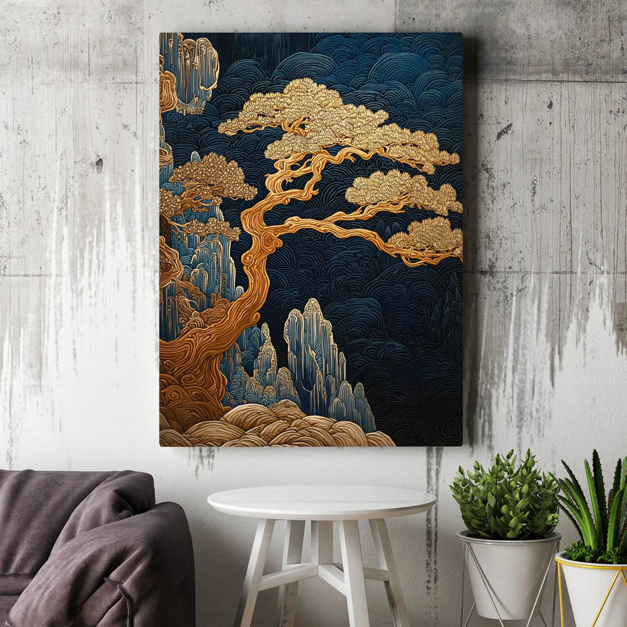 Japanese Tree of Life Vertical Canvas | Textured Gold Ukiyo-e Style Art | Premium Thick Gallery Wrap | Collector's Zen Home Decor Gift