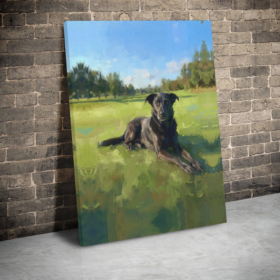Black Dog Canvas Wall Art | Impressionist Field Portrait | Premium 1.25 Inch Gallery Wrap | Dog Lover Home Decor Gift