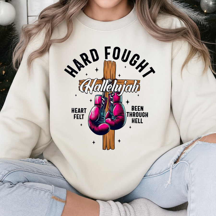 Hard Fought Hallelujah Sweatshirt | Christian Faith Boxing Gloves Graphic | Premium Cotton Blend | Inspirational Religious Gift for Believers