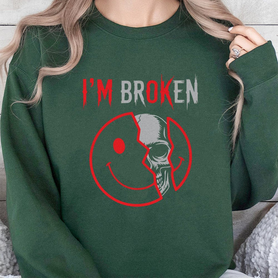 I'm Broken Skull Smiley Face Sweatshirt | Emo Aesthetic Graphic Pullover | Cotton Blend Streetwear | Edgy Alternative Fashion Gift for Adults