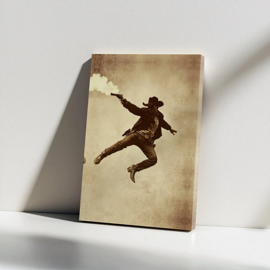 Western Cowboy Wall Art | Jumping Gunfighter Sepia Tone Print | Premium Gallery Wrapped Canvas | Vintage Americana Office Decor Gift