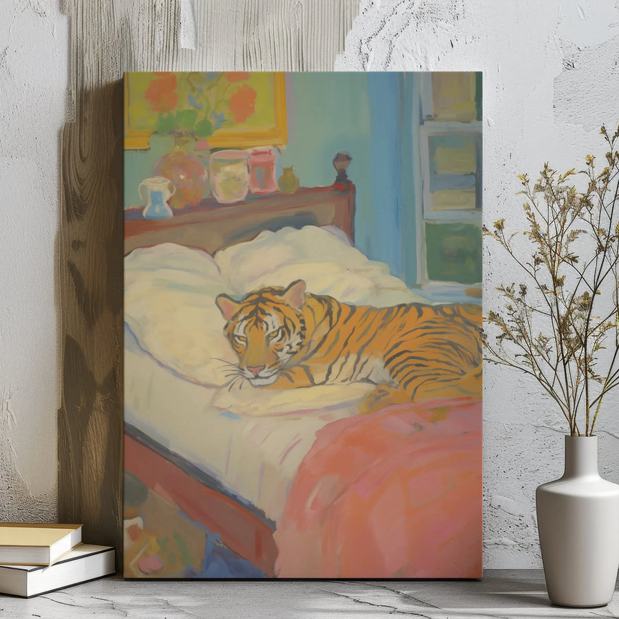 Tiger on Bed Canvas Print | Whimsical Surreal Animal Wall Art | Premium Gallery Wrapped Decor | Unique Home Decor Gift for Animal Lovers