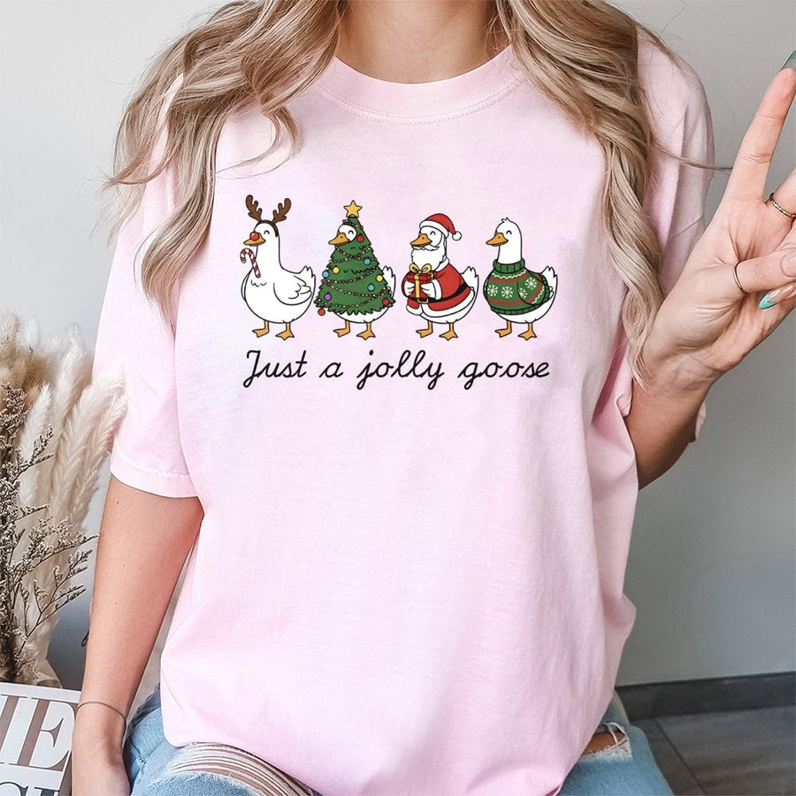 Just A Jolly Goose T-Shirt | Cute Christmas Duck Graphic Design | Premium 100% Cotton Apparel | Holiday Gift For Duck Lovers