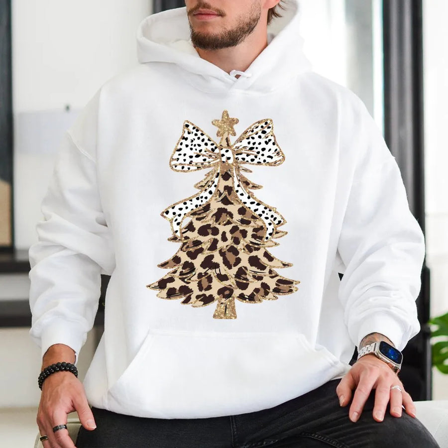 Leopard Print Christmas Tree Hoodie | Festive Polka Dot Bow Design | Premium Cotton Blend | Cozy Holiday Gift for Women and Men
