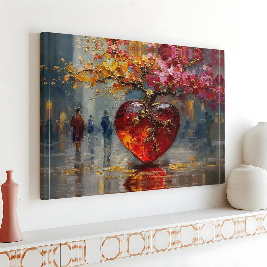 Red Heart Blossom Tree Canvas Art | Impressionist City Street Painting | 1.25 Inch Gallery Wrap | Romantic Wall Decor for Living Room