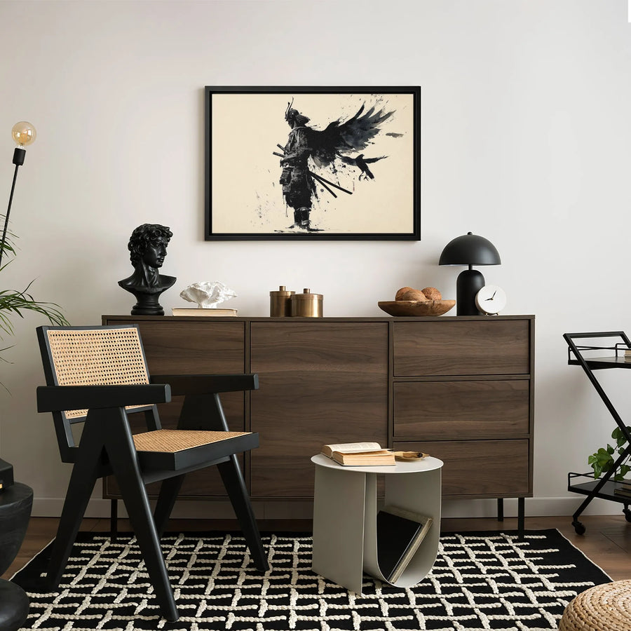 Winged Samurai Wall Art | Japanese Ink Wash Crow Design | Premium 1.25-Inch Gallery Canvas | Modern Decor Gift for Him
