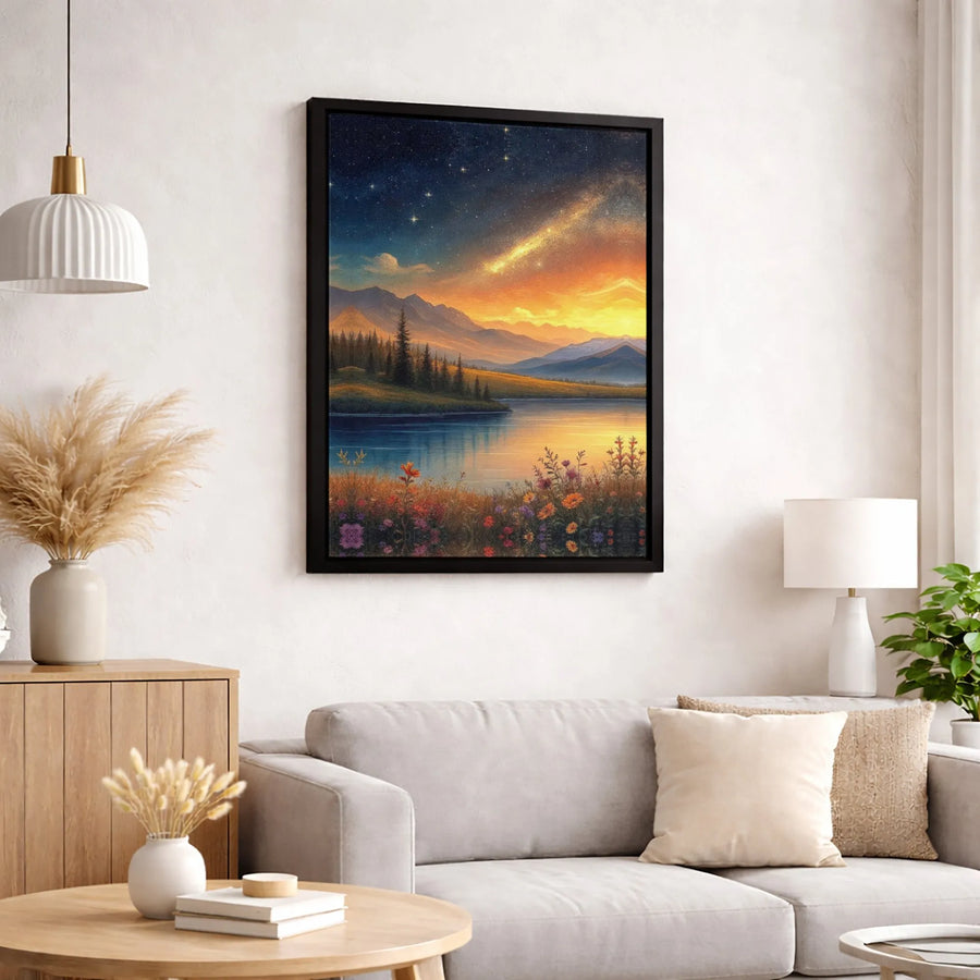 Mountain River Landscape Canvas Art | Starry Sunset Wildflower Meadow Print | Premium Gallery-Wrapped Wall Decor | Nature Lover Gift