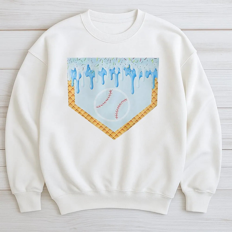 Baseball Ice Cream Sweatshirt | Melting Home Plate Graphic | Soft Cotton Blend Pullover | Unique Gift for Baseball Players & Fans