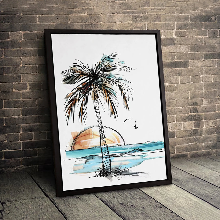 Palm Tree Beach Canvas Art | Watercolor Sunset Sketch Print | 1.25 Inch Premium Gallery Wrap | Modern Coastal Wall Decor For Living Room